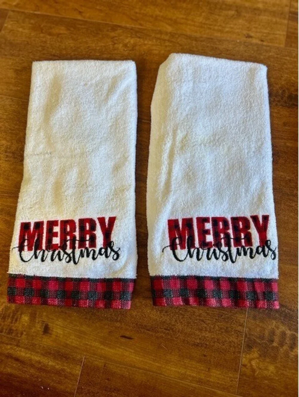 Set of 3 White Merry Christmas 1 Towel & 2 Hand Towels Red and Black Plaid Trim